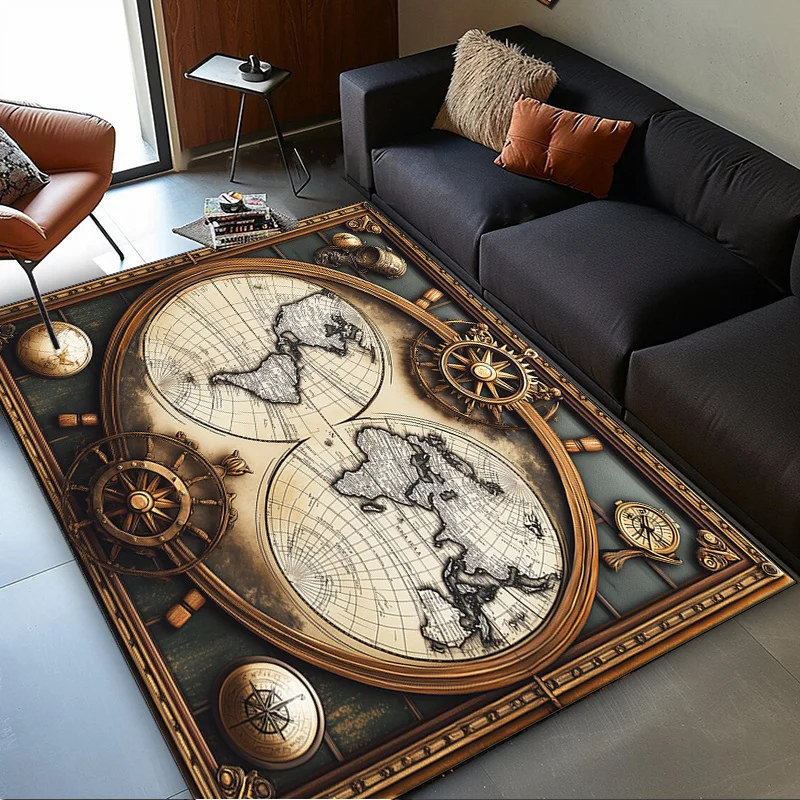 Vintage World Map Rug for Stylish Interiors | Nautical Compass Design Travel-Themed Floor Mats for Living Areas Machine washable