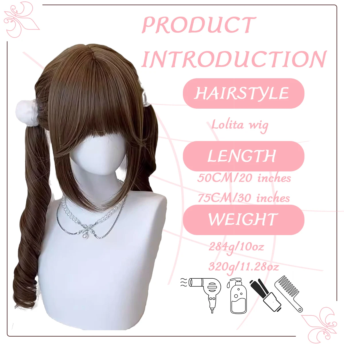 20-30 inch synthetic double ponytail long curly hair with bangs women's natural brown chocolate color Lolita wig