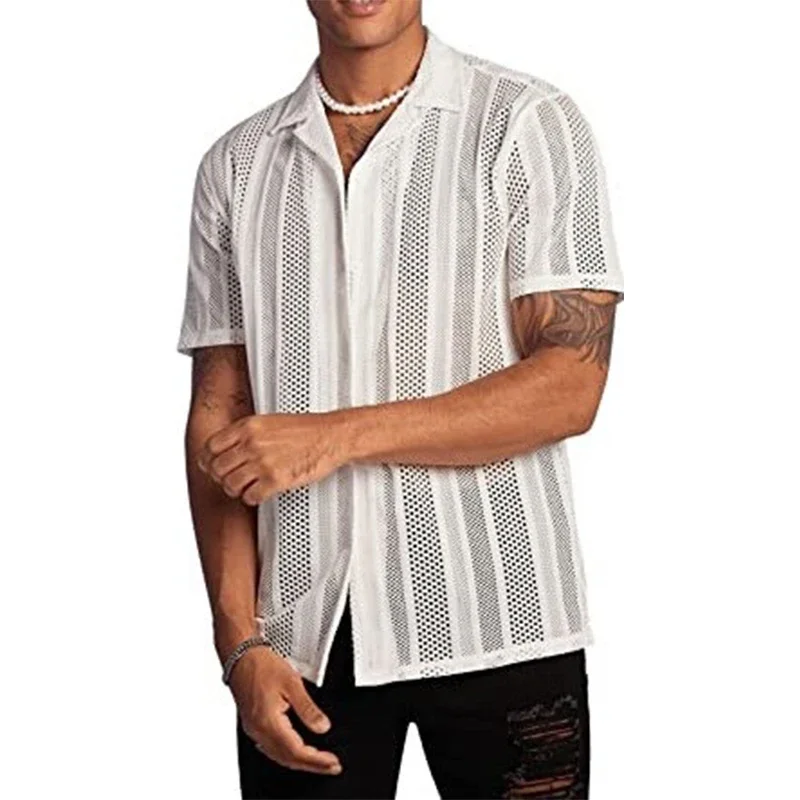 

Men's Mesh See Through Mesh Sexy Shirt Short Sleeve Button Down Vintage Streetwear Party Tops Summer Clothing S-3XL New Fashion