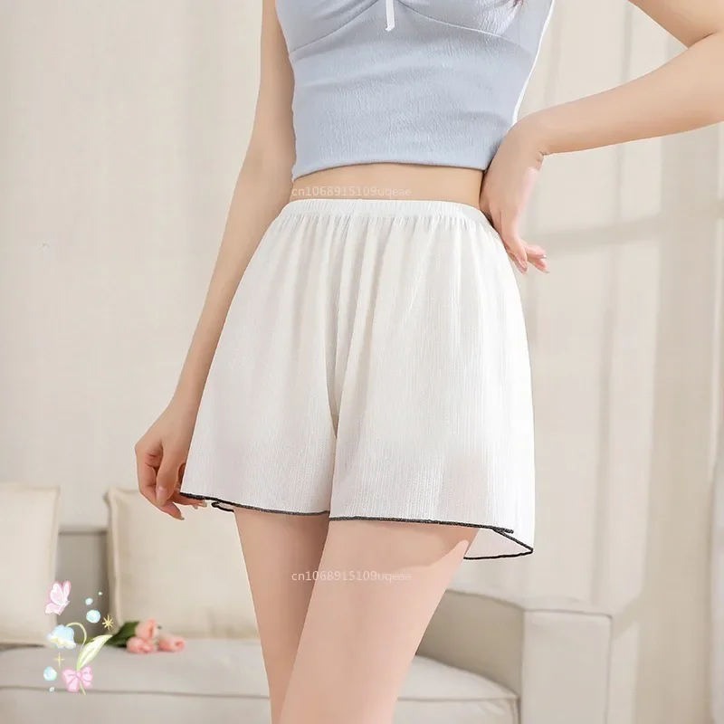 Women Safety  Ice Silk Safety Pants Women's Summer Thin Anti-glare Non-curling Leggings White Loose Home Shorts  Lace Shorts