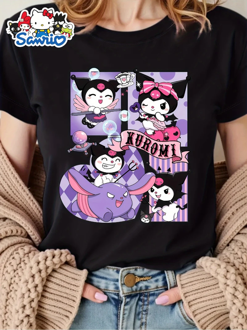 

Официальная женская футболка Sanrio с крутым узором Lomi — милый принт персонажей аниме, мягкий топ из чистого хлопка с круглым вырезом и короткими рукавами