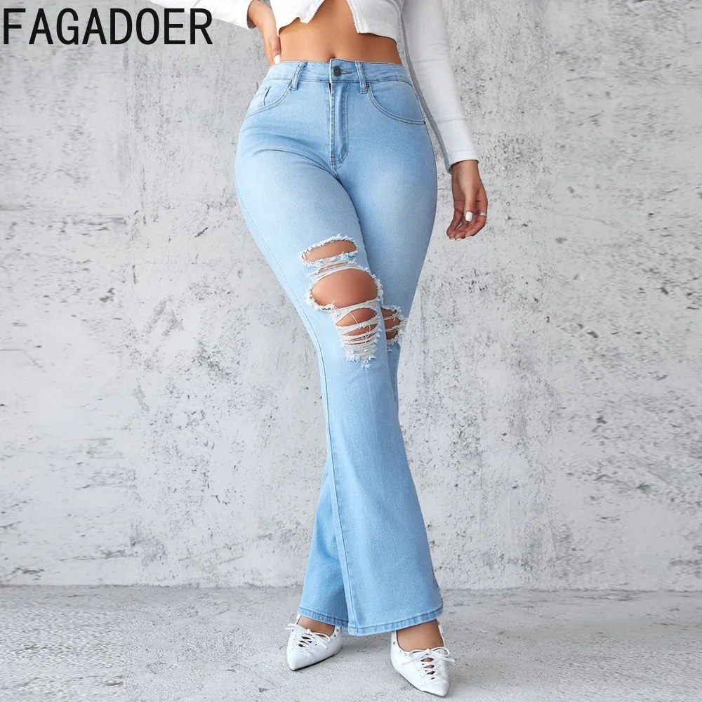 FAGADOER Light Blue Fashion Hole Denim Flared Pants Women High Waisted Button Pocket Jean Trousers Casual Female Cowboy Bottoms