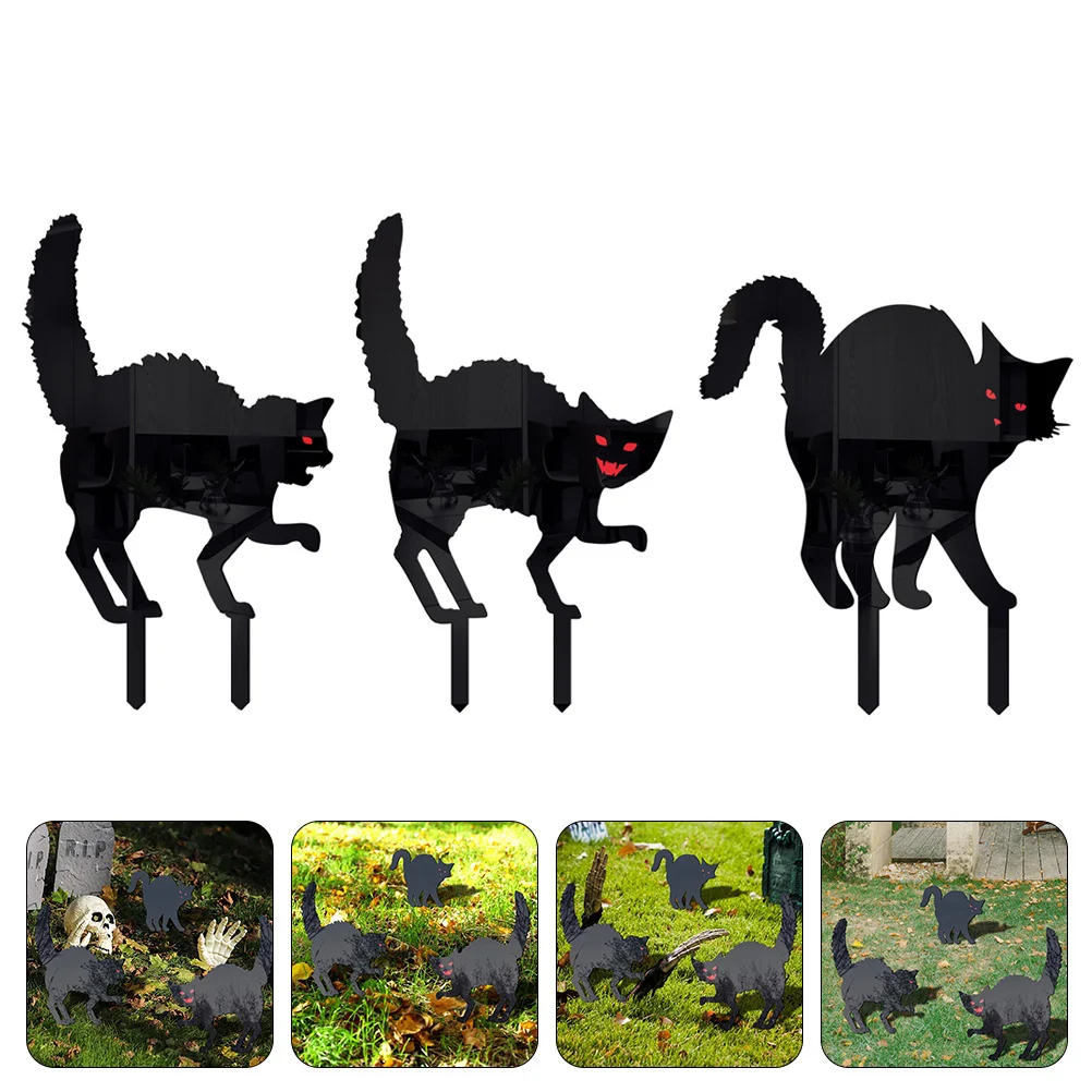 

3 Pcs Halloween Decorations Outdoor Garden Black Cat Cuttings Landscaping Kitten Simple Acrylic Inserted Ornament Stake Scare