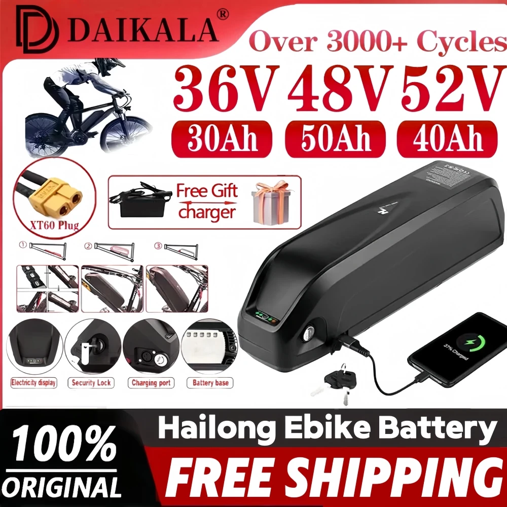 100% Original 36V 48V 52V Hailong Battery 30Ah 40AH 50Ah WithBMS ,For 350W 500W 750W 1000W motor Electric Mountain Bike
