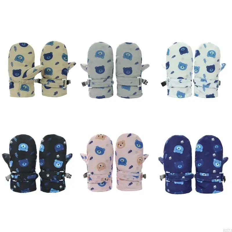H37A Children Winter Warm Snow Gloves Kids Ski Gloves Splashproof Mittens Printed Cartoon Bear Gloves Thicken Thermal Mitts