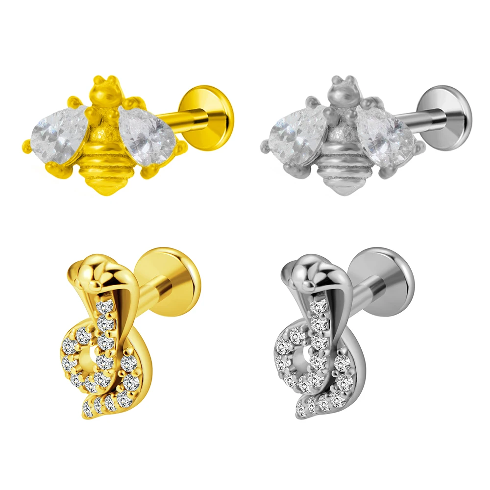 Snake Labret Piercing Bee Internal thread Flat Back Earrings Tragus 316L Stainless steel Ear Studs Body Jewelry