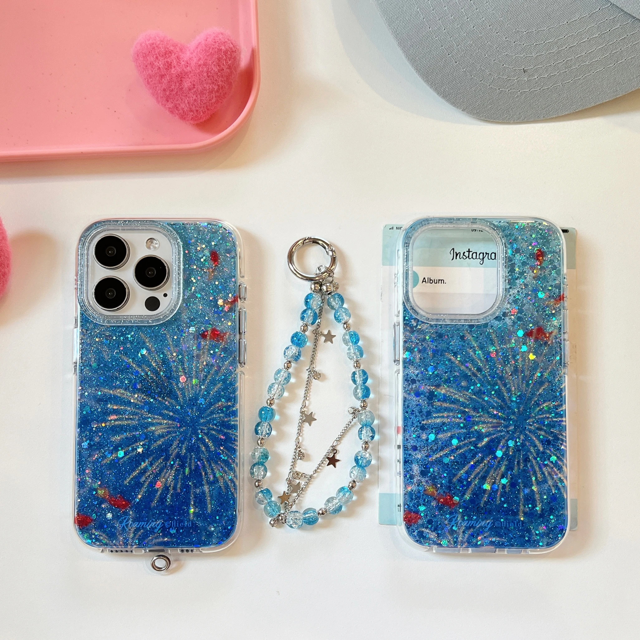 Creative INS Stunning Glittering Goldfish & Firework Wrist Chain Phone Case for iPhone 16 15 14 13 Pro Max Back Phone Cover Capa