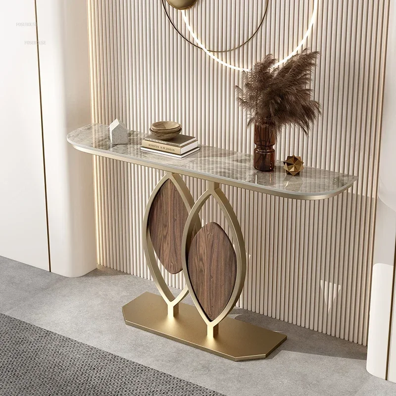 Mesas de consola de lujo con luz para el hogar, muebles de sala de estar, mesa de consola creativa de pizarra italiana, mesas de porche semicírculo