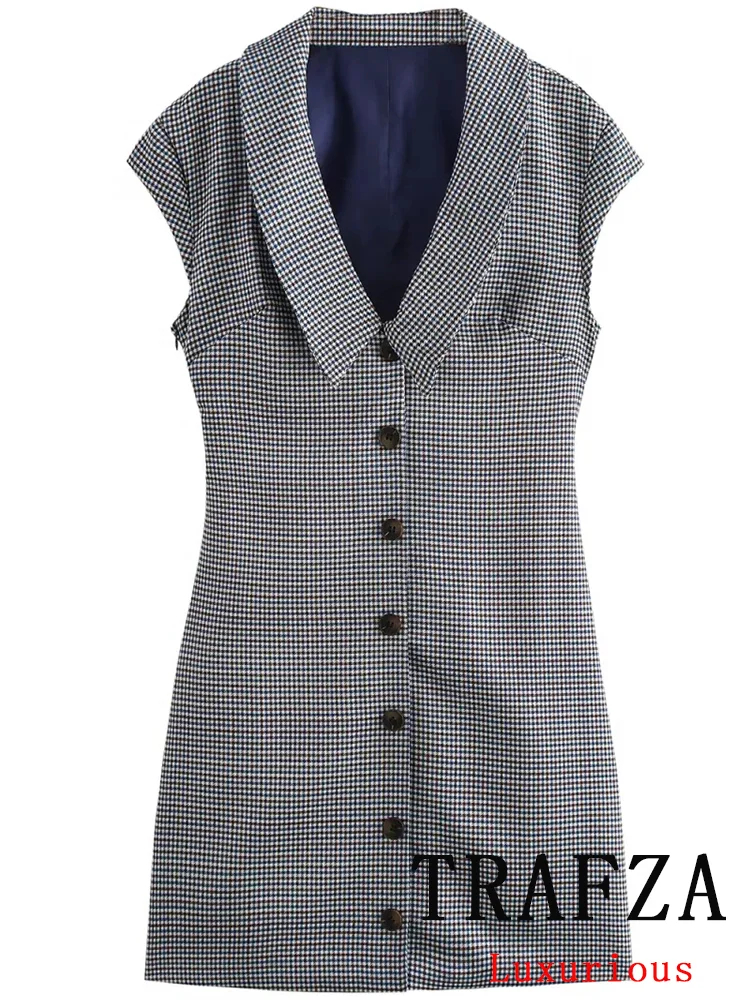 TRAFZA Vintage Casual Chic Women Plaid Dress Single Breasted Slim Short Straight Vestidos New Fashion 2024 Autumn Winter Dress