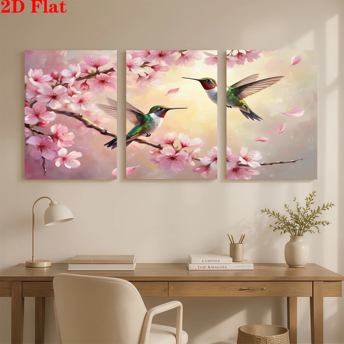 Frameless canvas 2D 3pcs Canvas Art Wall Hanging- Hummingbirds near cherry blossoms. Suitable for Decorating Offices, Dining