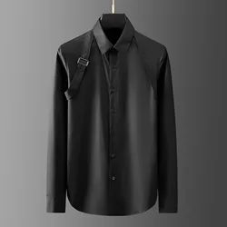 Luxury Men's Shirt Metal Buckle Ribbon Splicing Casual Social Shirts Long Sleeve Slim Fit Business Banquet Party Blouse Tops