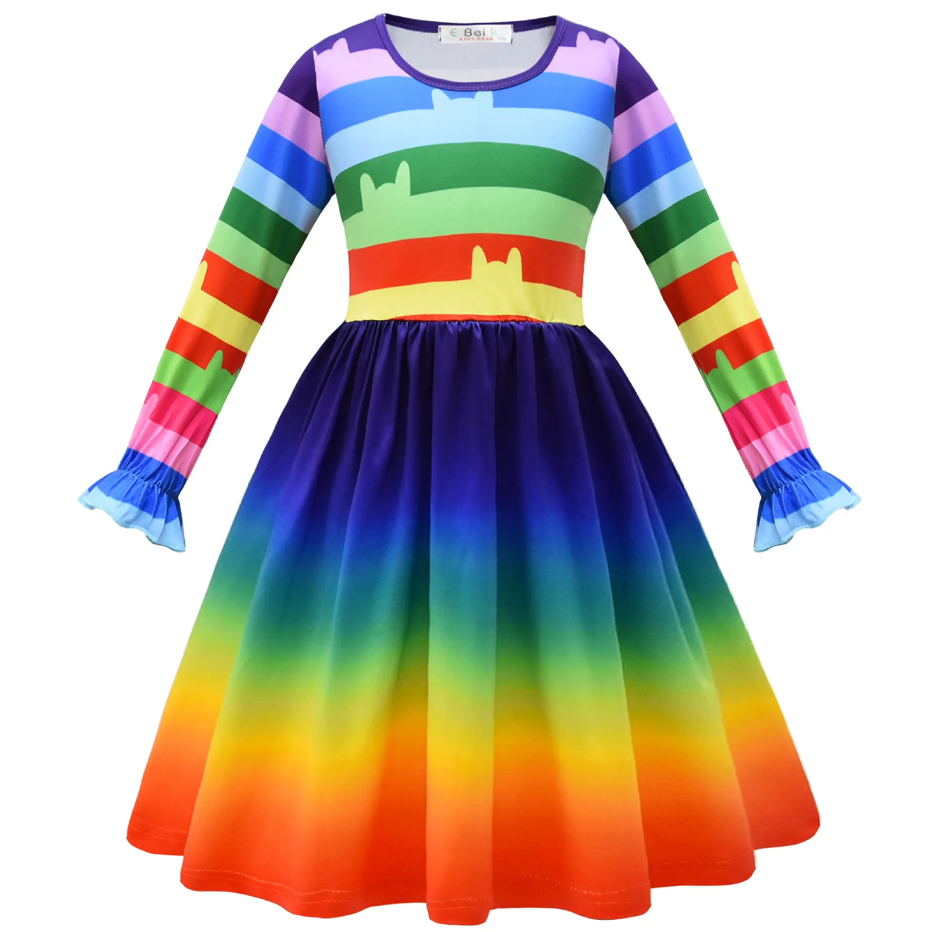 Gaby Cosplay Digital Print Rainbow Striped Dress Long Sleeve Outfits Girls Dollhouse Costume Halloween Carnival Party Role Play