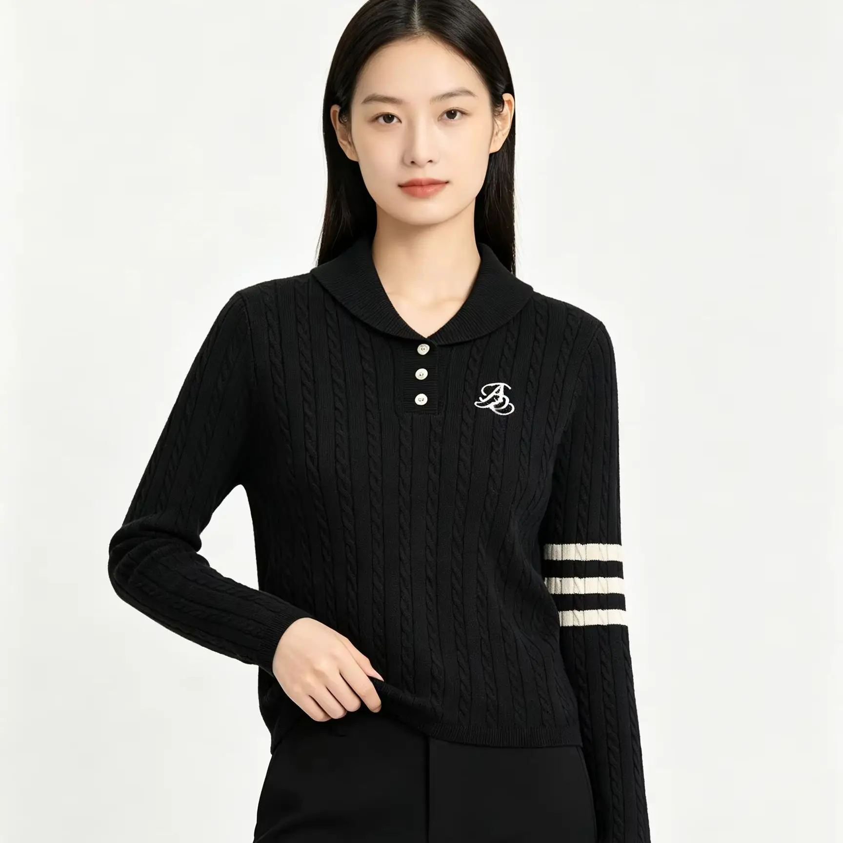 Men Women Shawl Collar Half‑Button Sleeve Stripes Chest Embroidery Preppy Slim Fit Cable‑Knit Sweater Knit Top