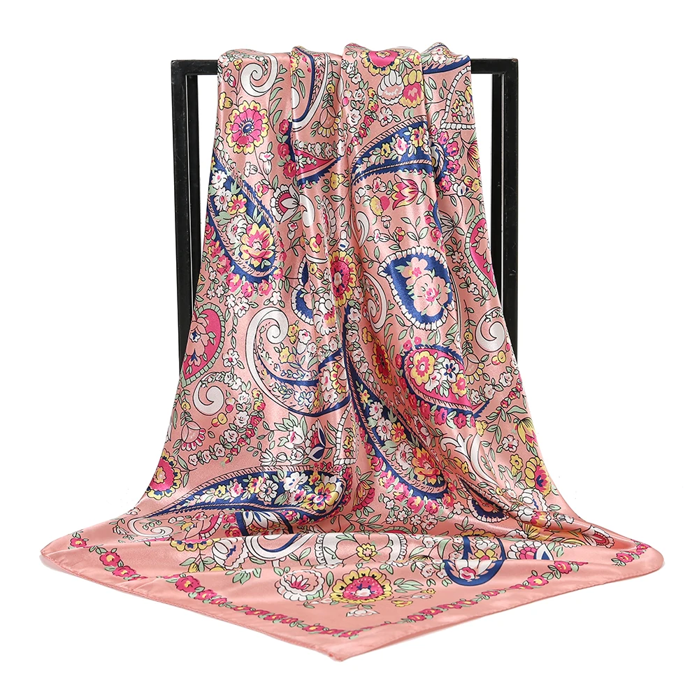 Hot Sale Women Simulation Silk Cashew Flower Printed Hijab Square Satin Scarf All-Match Outdoor Travel Shawl Hijab Scarf 90*90CM