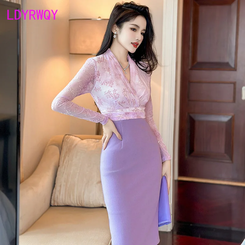 

Autumn and Winter French Mesh Print Waist Wrap Hip Long Sleeve Purple Dress Celebrity