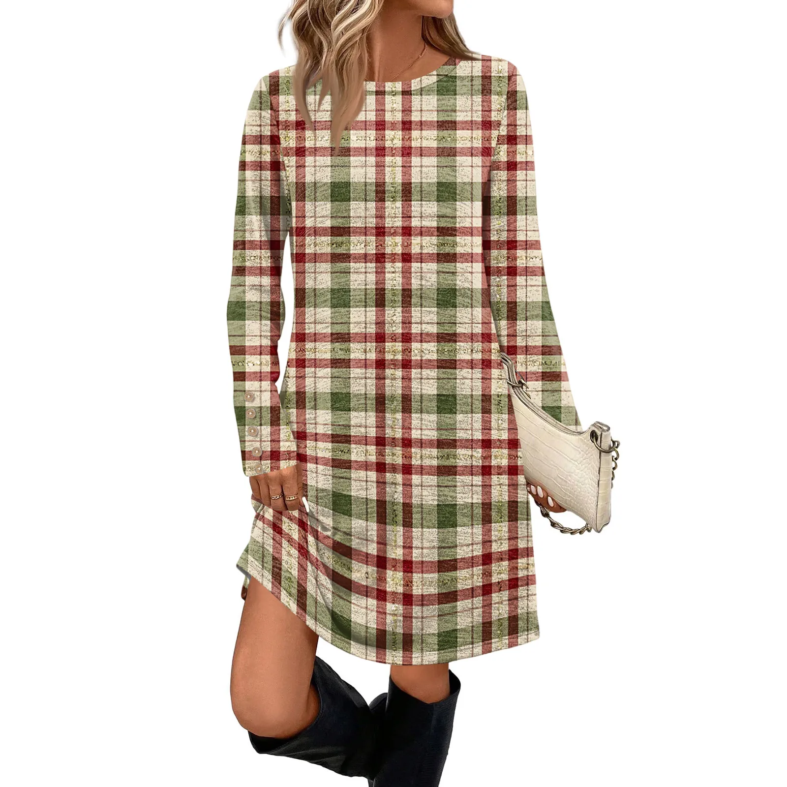 فستان كاجوال أنيق للنساء مع جيوب وأزرار زخرفية ورقبة دائرية وأكمام طويلة فيستدوس أنيقة بارا موجر جديد #2