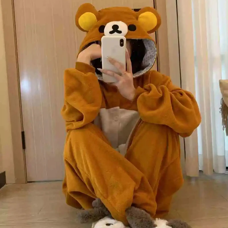 Dessin animé Rilakkuma adulte combinaison pyjamas automne et hiver chaud confortable dessin animé Couple décontracté maison porter pyjama ensemble cadeau