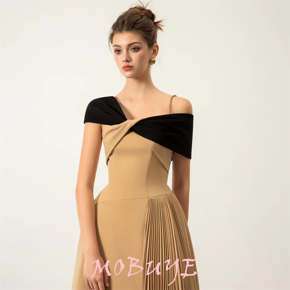 MOBUYE 2024 Popular Off The Shoulder Neck Prom Dress Tea-Length With Short Sleeves Evening Fashion Elegant Party Dress For Women