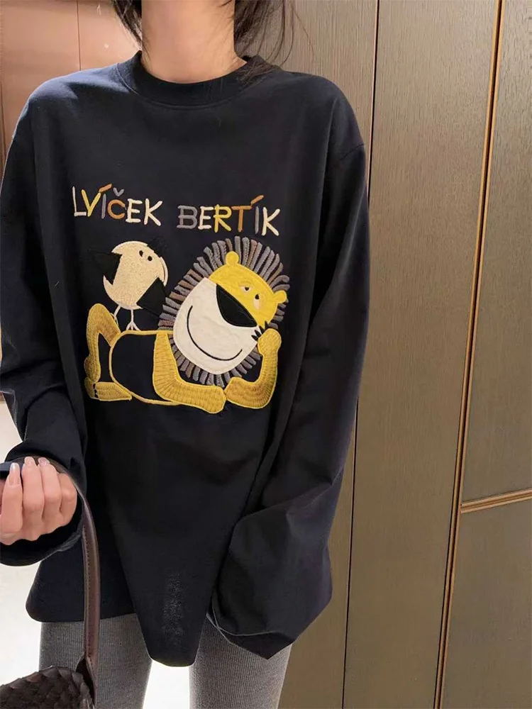

Heavyweight Long Sve T-irt Women's Loose Fit Cartoon Lion Embroidery Super Worked up Sle Cotton round Ne Top