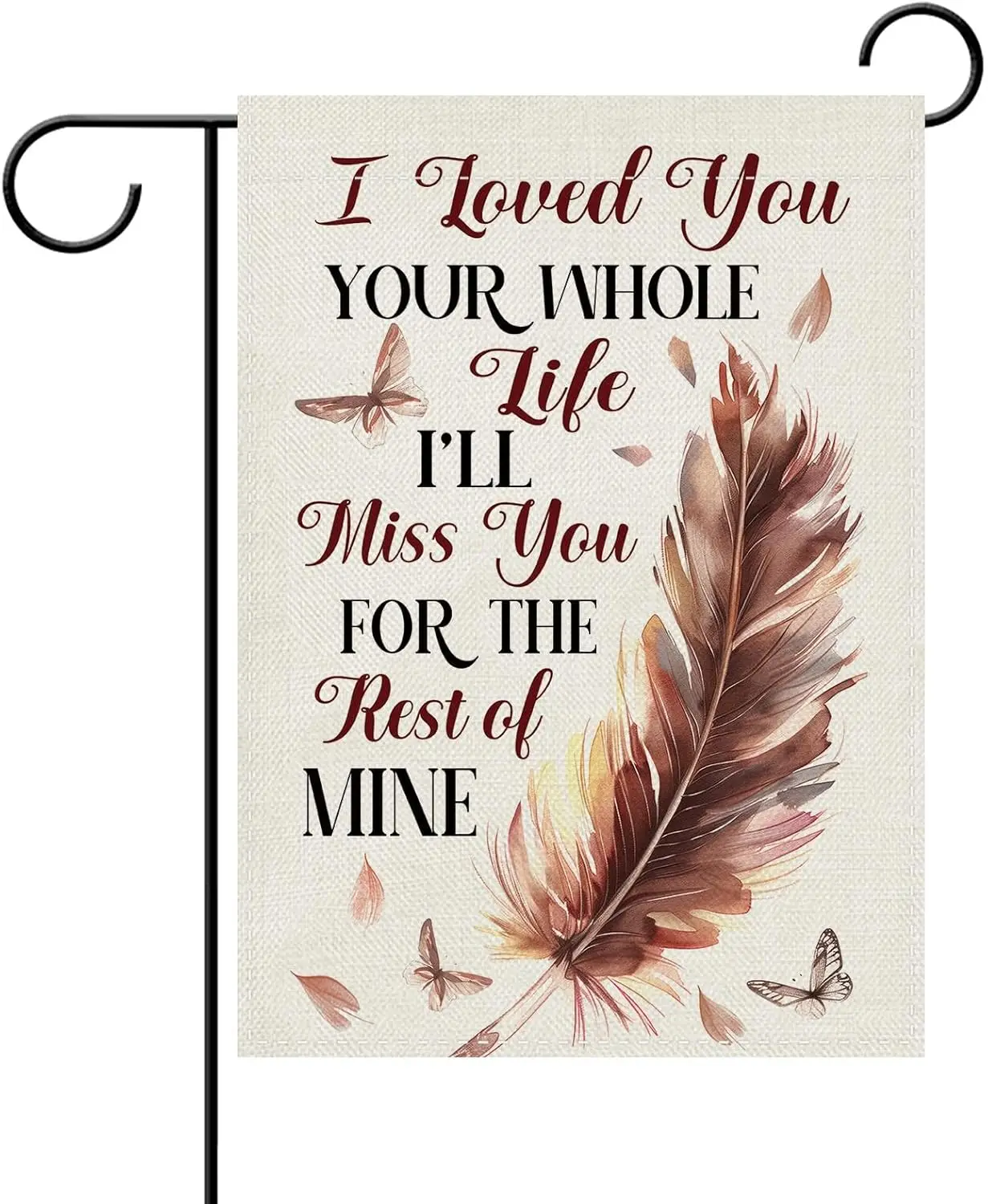 Dyrenson Vintage Feather Memorial Decorative Garden Flag, Retro Butterfly Love Quote Cemetery Yard Outside Home Decoration,  PPM