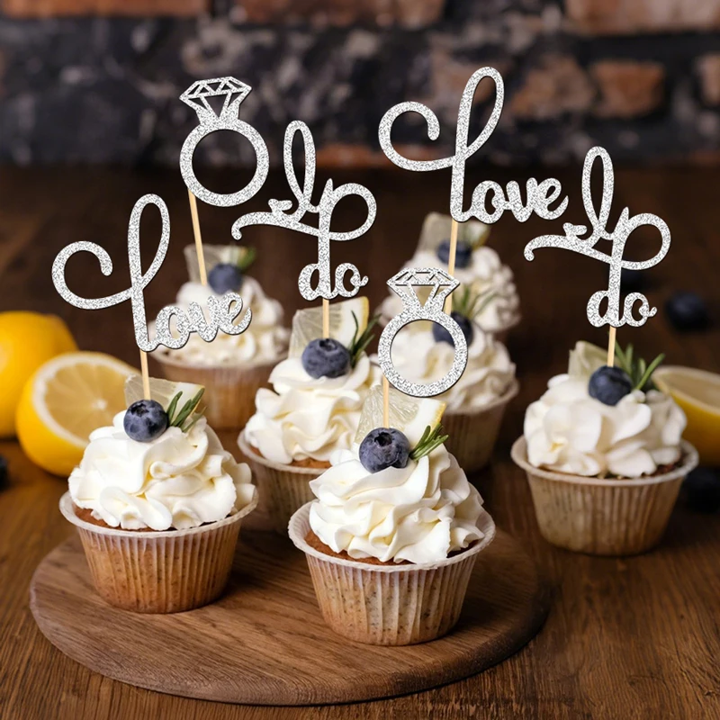 YOMDID 24 Stück glitzernde Cupcake-Topper für Hochzeit, Cupcake-Topper für Hochzeit, Verlobung, Jahrestag, Party, Kuchendekorationen