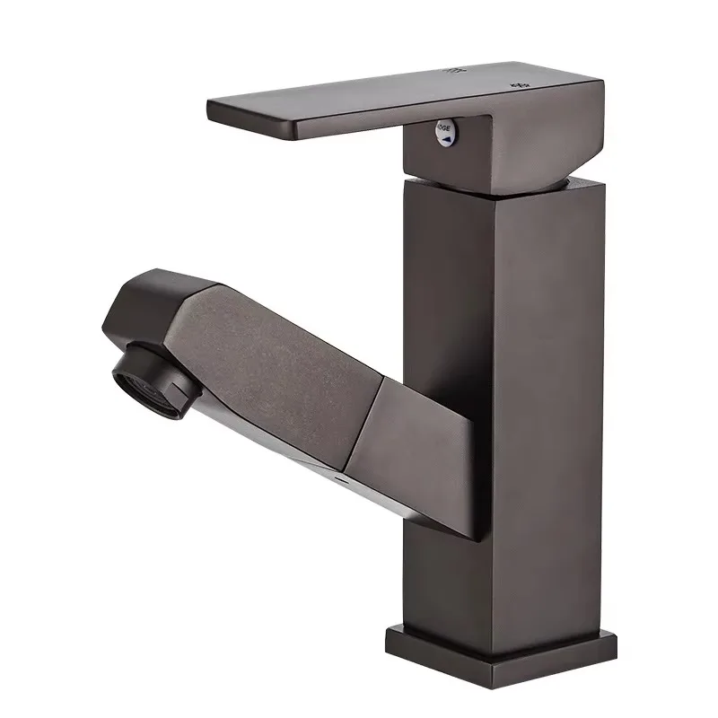 

Modern Single-Hole Pull-Down Faucet for Bathroom Sink Black Brass One-Handle Faucet