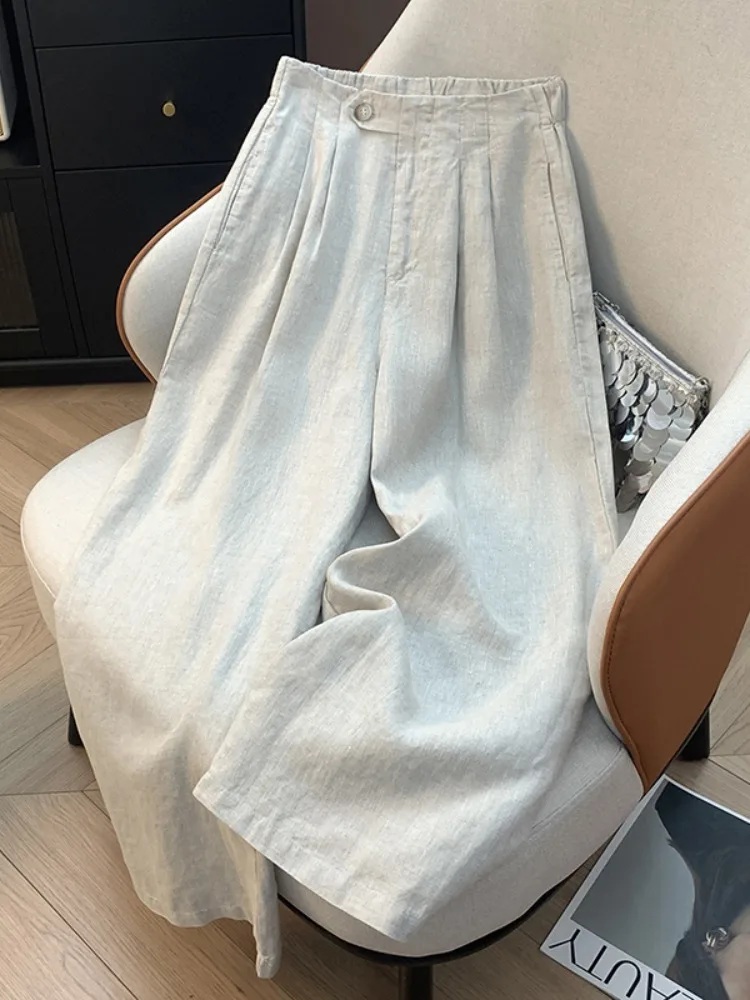 

Retro Color Cotton Linen Wide Leg Pants Women Summer Slim Fit Casual High Waist Drapey Straight Nine Pants
