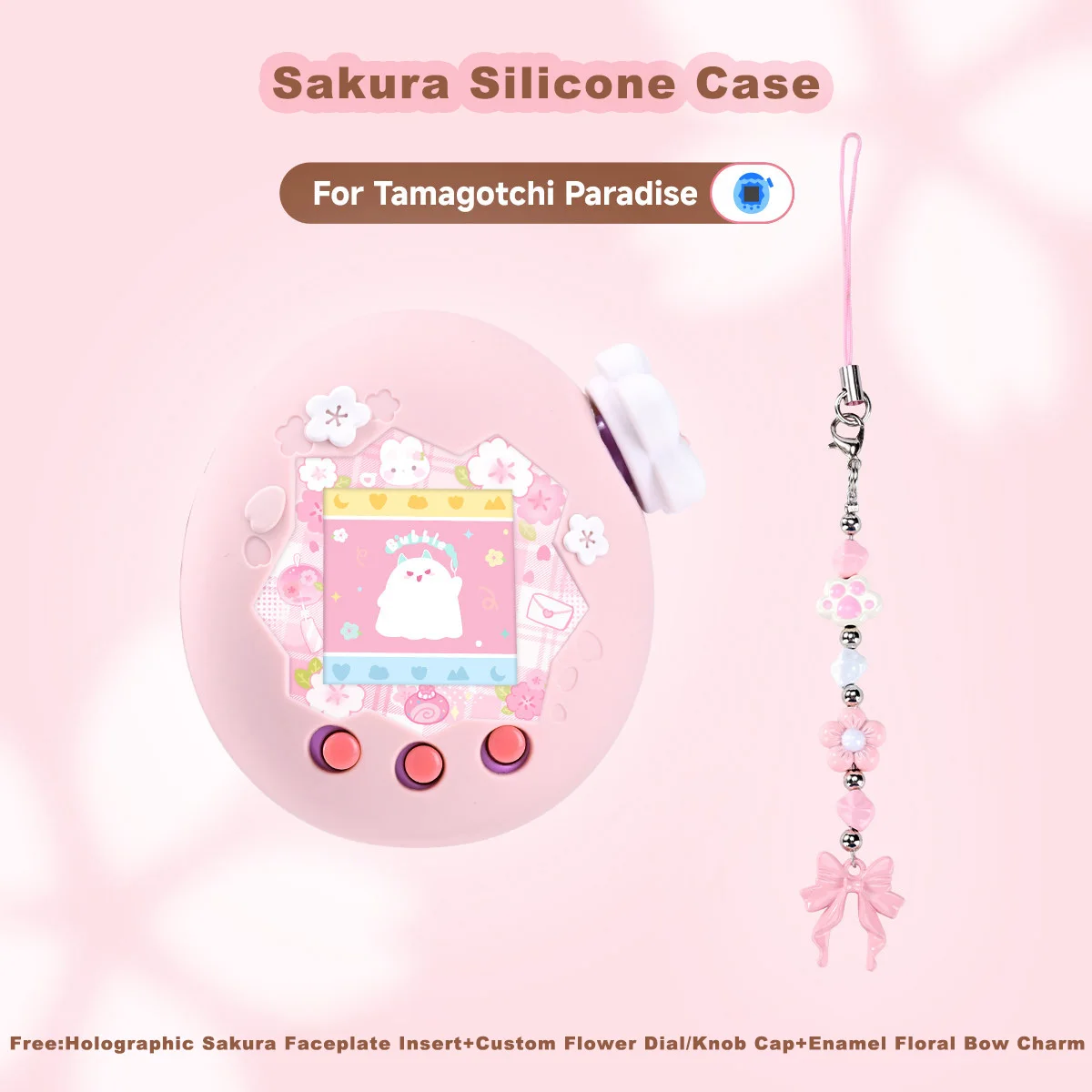 Sakura Silicone Case for Tamagotchi Paradise – Cute 4-Piece Set with Knob Cap , Faceplate Insert & Flower Charm