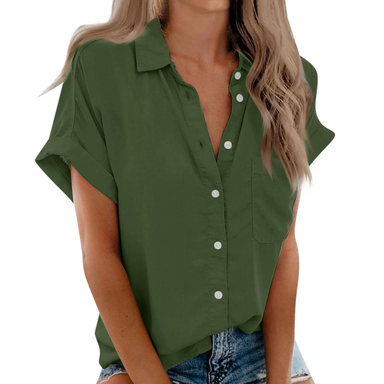 Womens Short Sleeve Shirts Solid Color Casua Button Down Blouse Tops With Chest Pocket