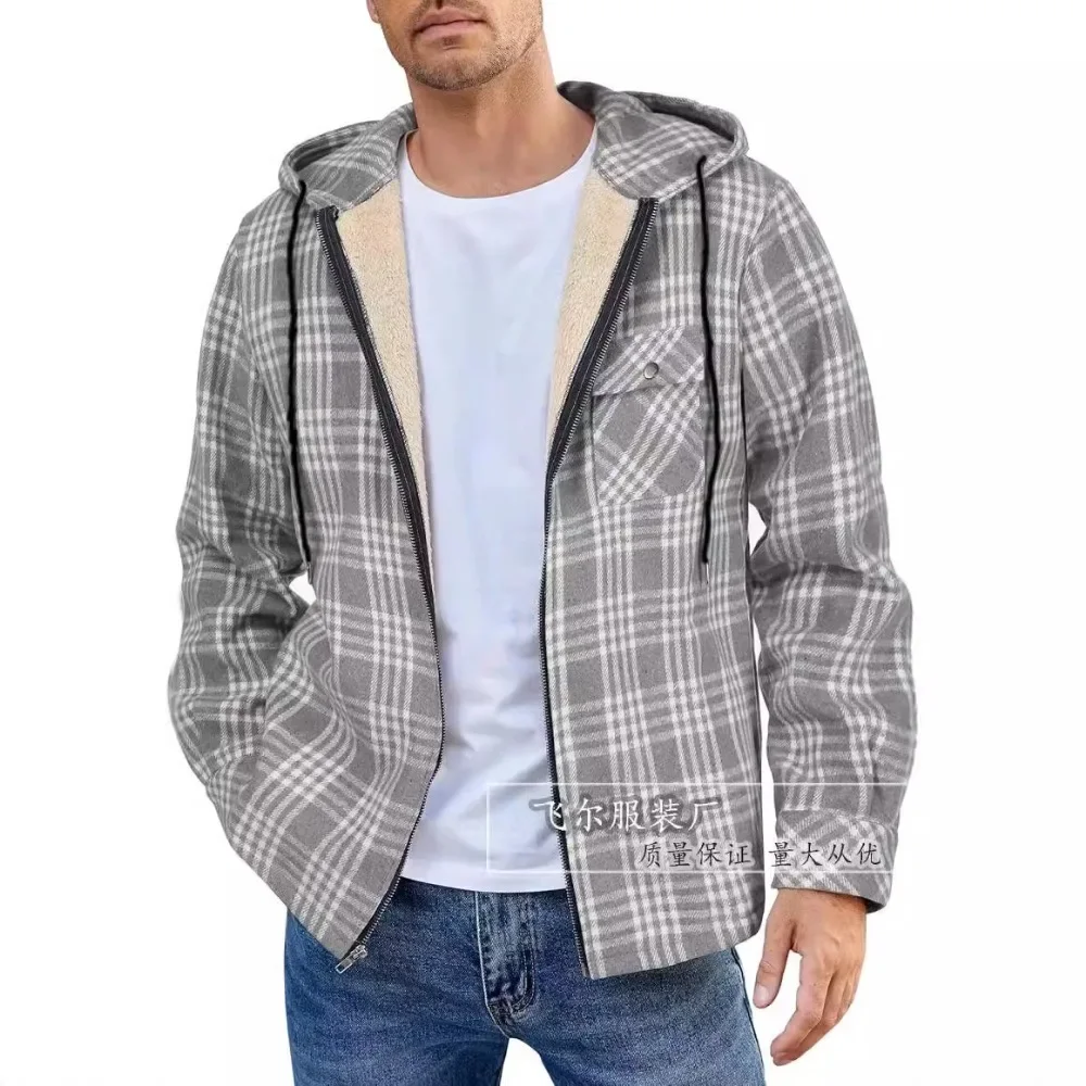 Winter Thick Warm Flannel Hooded Jacket Mens Sherpa Fleece Lined Coats Button Casual Plaid Shirt Jacket for Male Pockets Outerwe