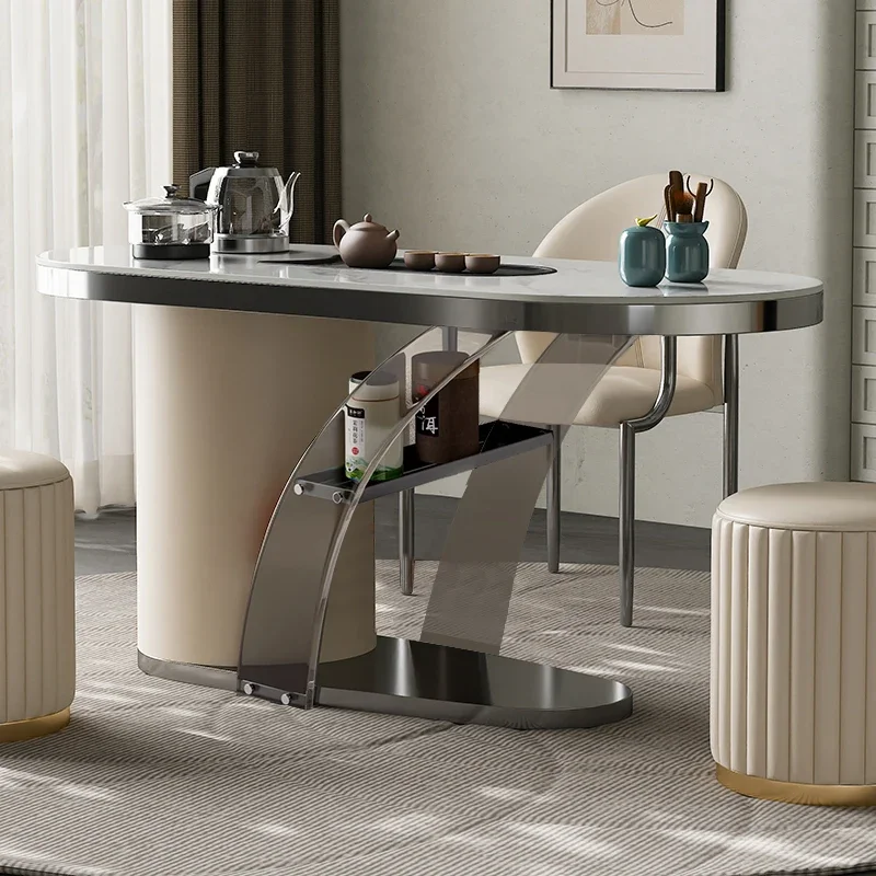 Real rock slab tea table and chair combination, special-shaped alloy process, modern household small tea table