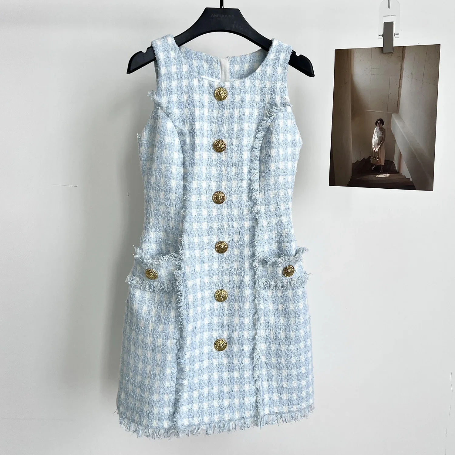 

Cute Dress for Women 2024 Autumn Winter Small Fragrant Blue Plaid Fringed Slim Thin Sweet A Line Vest Tweed Dress