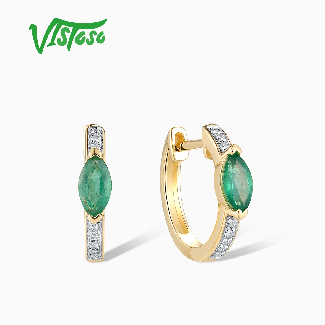 VISTOSO 14K 585 Yellow Gold Hoop Earrings For Lady Sparkling Diamond Emerald Glamorous Wedding Engagement Gifts Fine Jewelry