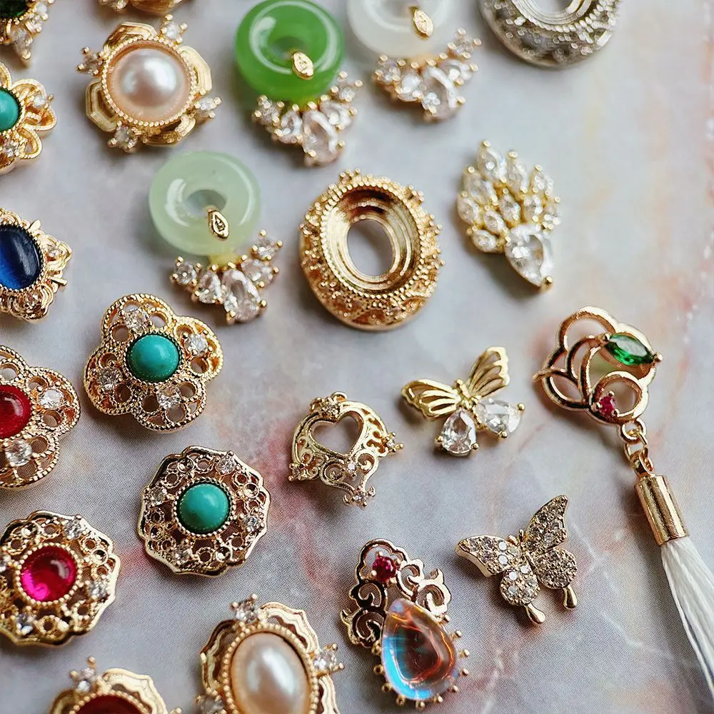 10pcs Retro Palace Round Oval Flowers Style Zircon Metal Nails Jewelry Decorations Nail Art Accessories Charms Parts Supplies