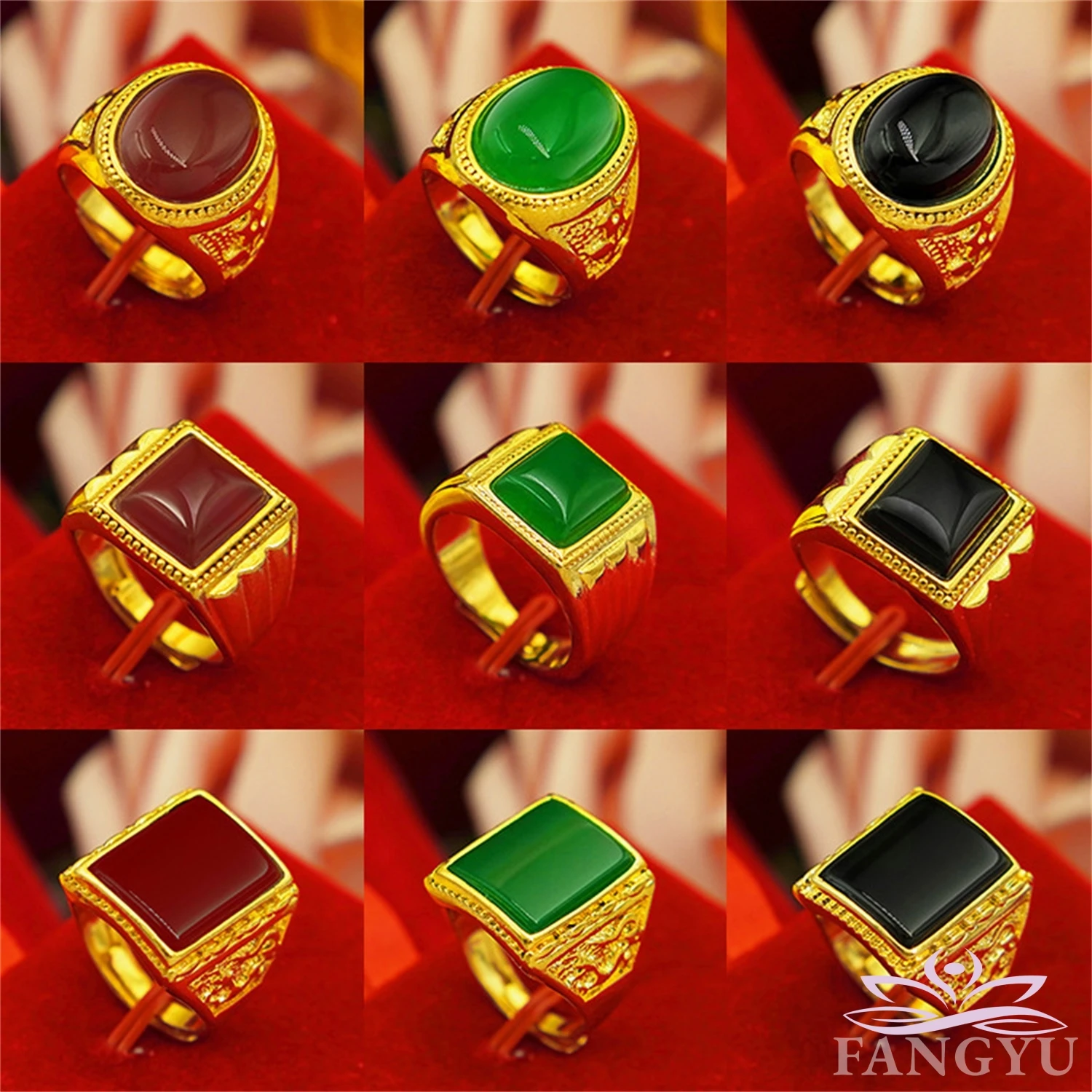 Bezel Classic Inlaid Jade Men's Luxury Ring Personality Retro Big Gemstone Ring Ethnic Turkish Style Arab Man Ring Party Jewelry