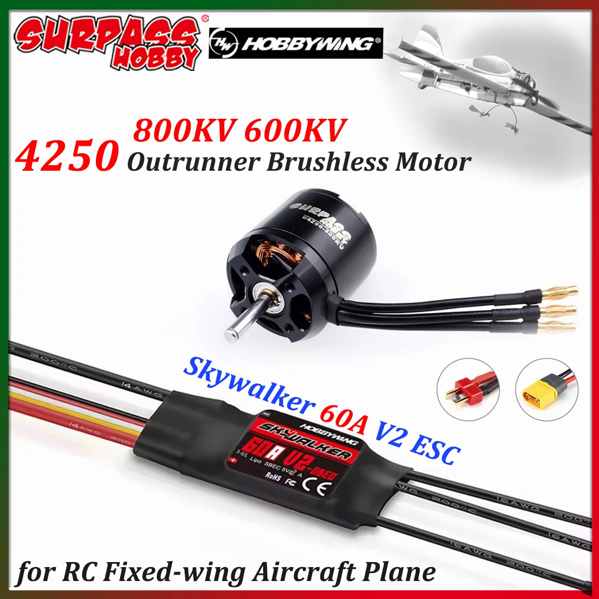 

Surpass Hobby 4250 720KV 800KV Outrunner Brushless Motor with Skywalker 60A V2 ESC for RC Fixed-wing Aircraft Plane Helicopter