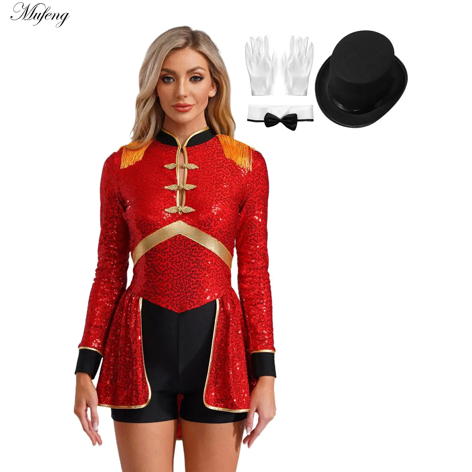 Women Circus Ringmaster Costume Sequin Magician Bodysuit And Top Hat Fake Collar Gloves Set Master Lion Tamer Cosplay Dance Wear