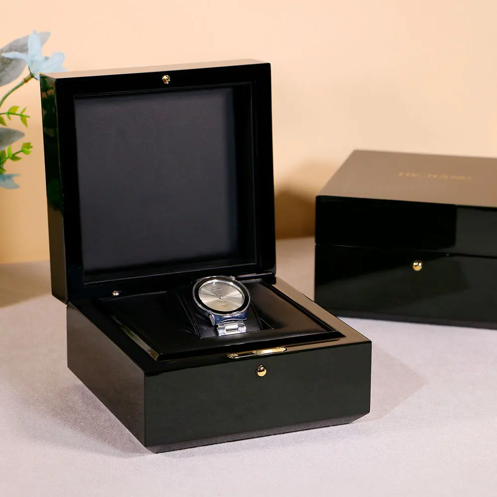 

Custom High Quality Wooden Watch Box Luxury High Glossy Finish High-end Black Color OEM Cushion Brand Watch Box