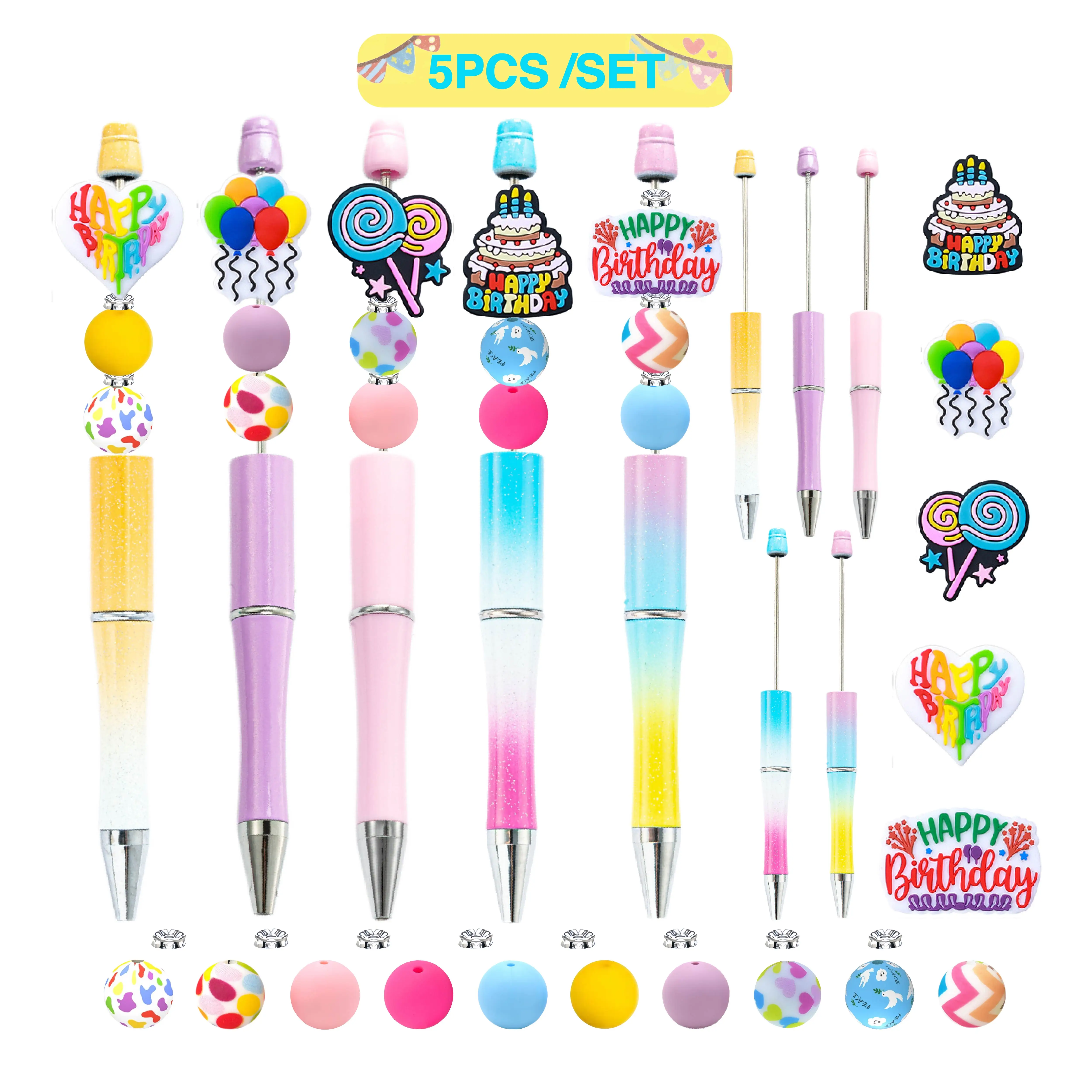 

5 шт., воздушный шар для вечеринки в честь дня рождения, шариковая ручка из бисера своими руками и набор силиконовых бусин, креативный подарок на день рождения, принадлежности для офиса и учебы