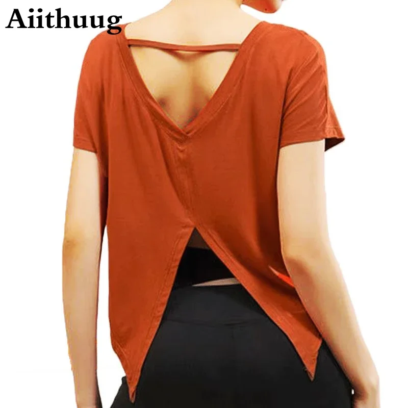 Aiithuug Sexy V-Shape Back Split Yoga Top Women\'s Short Sleeve Lightweight Loose Quick Drying Pilates Dancing Workout Cover-up