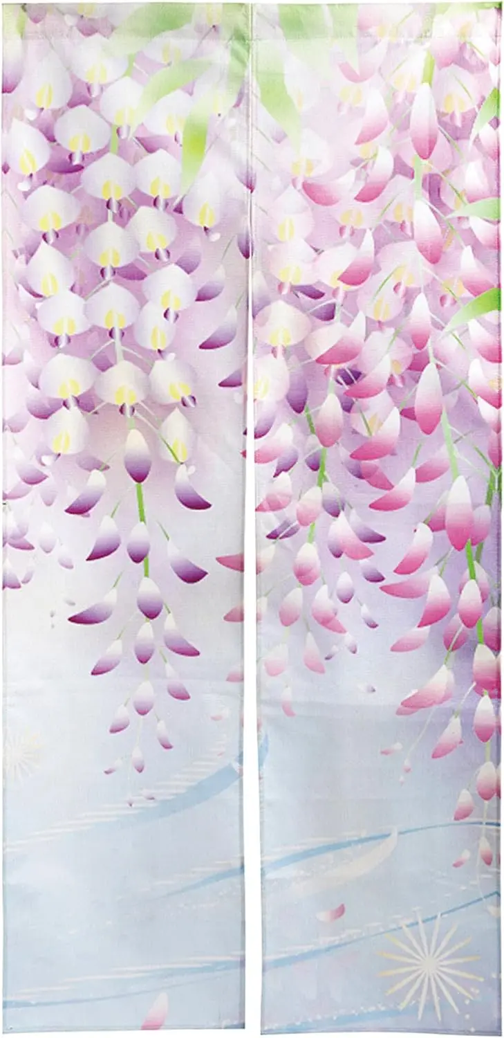 Traditional Japanese Wisteria Art Door Curtain, Light Blue Background Print, Japanese Noren Curtain for Peaceful Home Decoration