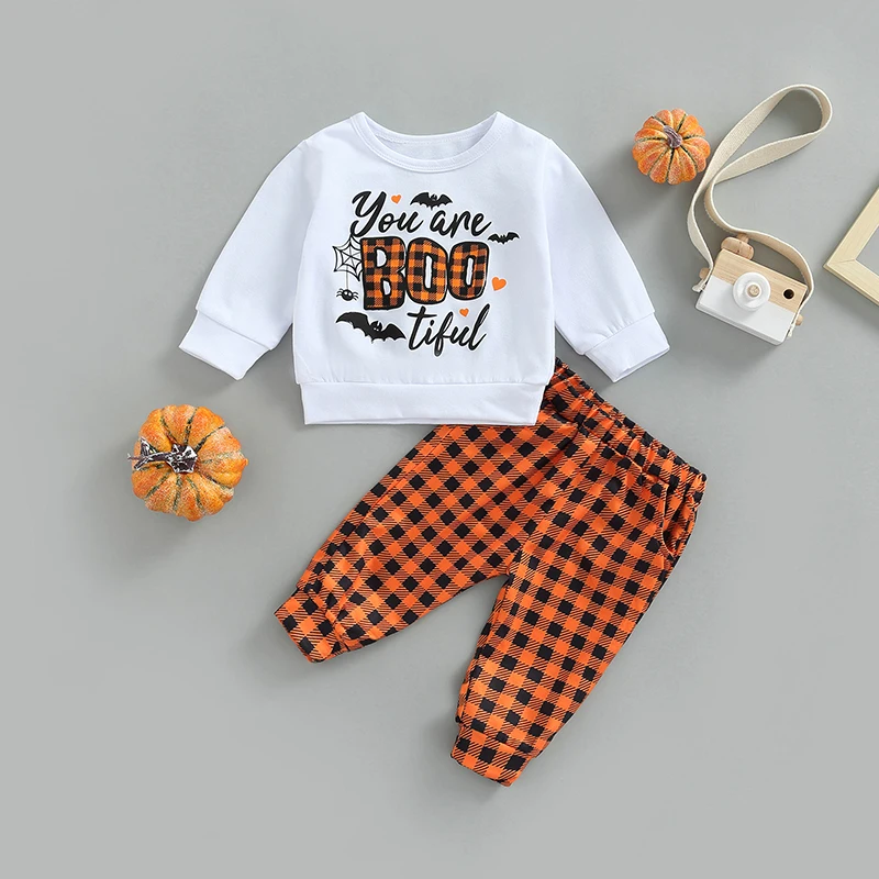 Toddler Halloween Costume Set Long Sleeve Pumpkin Ghost Printed Tops and Striped Pants for Boys and Girls