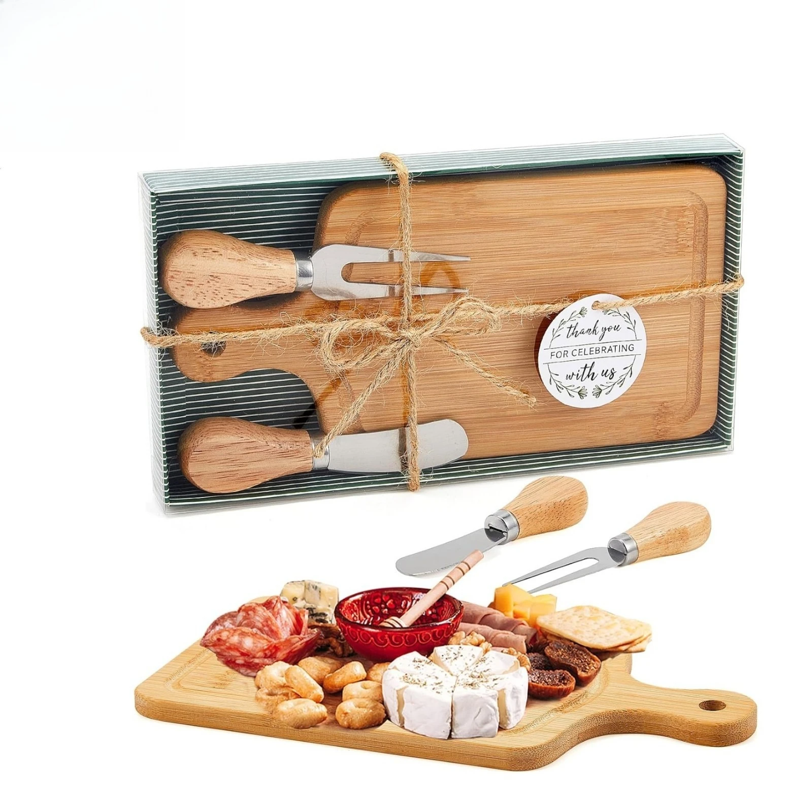 

Bamboo Delicatessen Christening Party Gift Cutting Board Outdoor Portable Cheese Board Knife and Fork Cutting Board Set