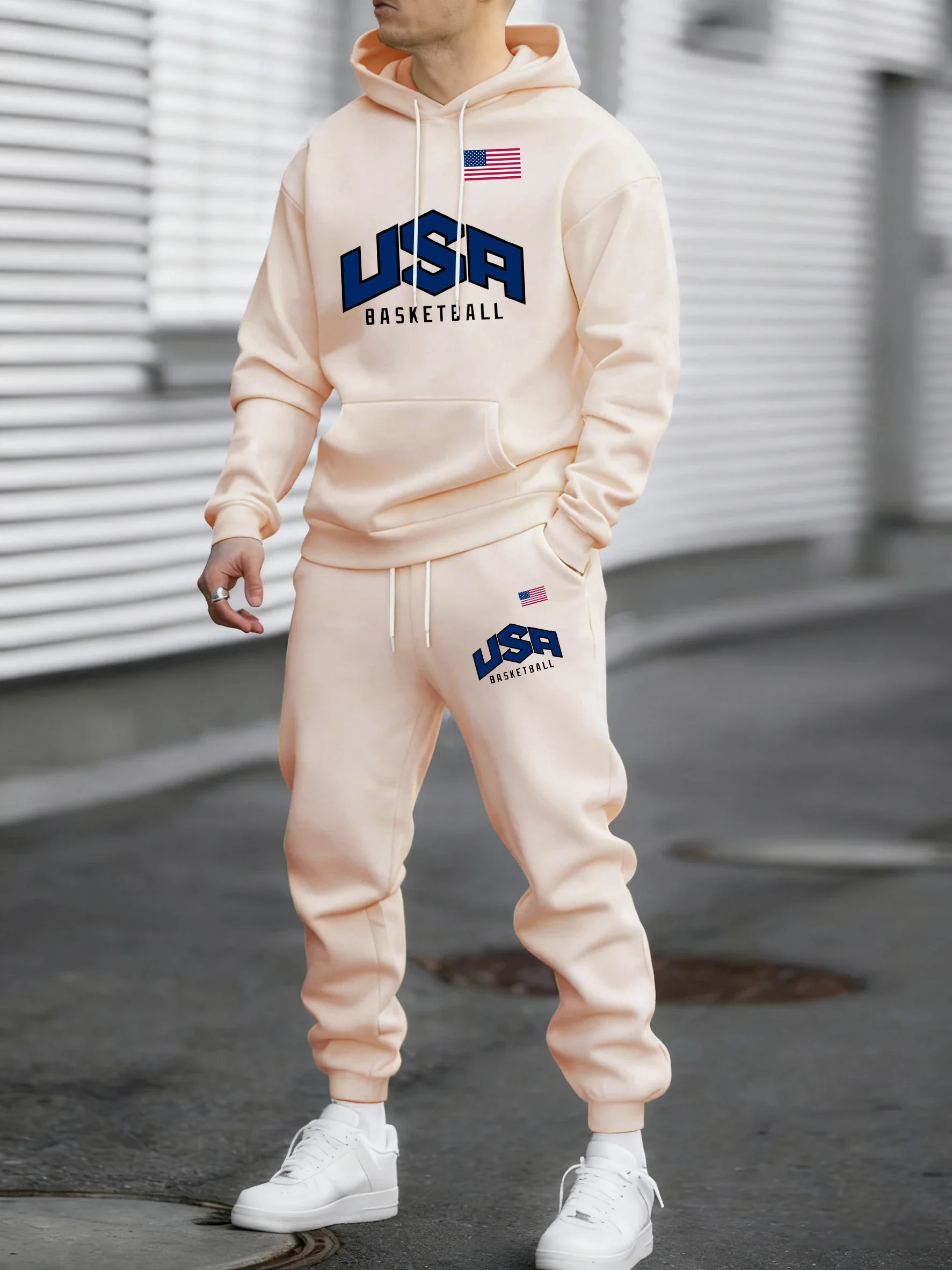 2026 American printed pullover men's autumn loose retro casual set fleece warm pants and neutral basic style clothing