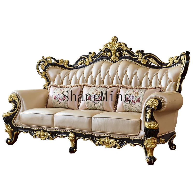 

DHY leather sofa combination cowhide neoclassical villa large apartment living room solid wood furniture