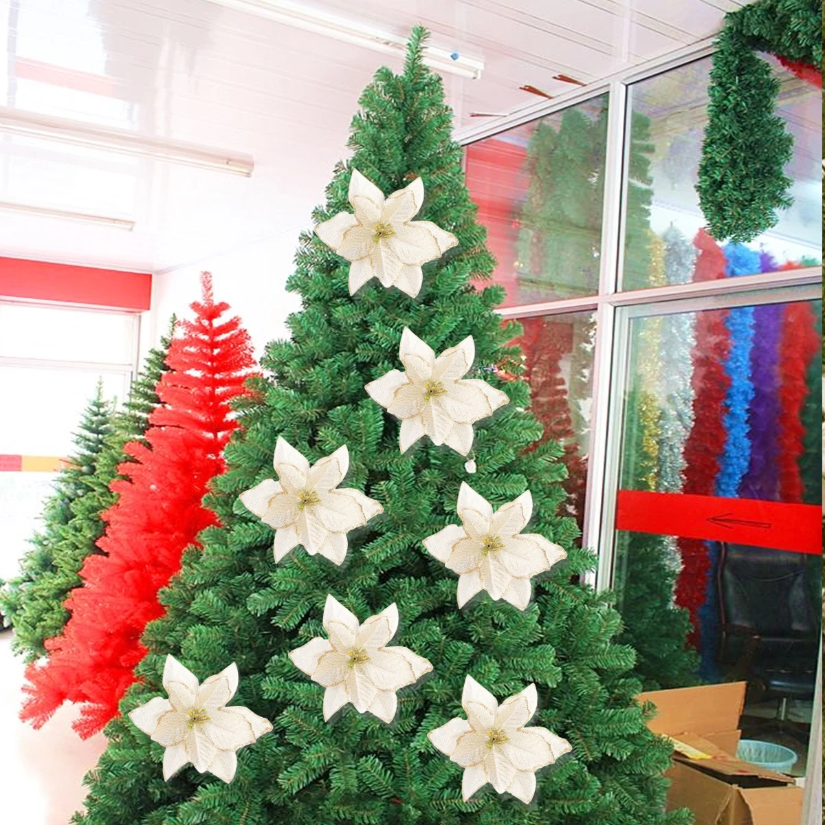 

20pcs Christmas Flower Pendant Holiday Hanging Ornament Wreath Decor Xmas Tree Cloth Glitter Festive Joyful Atmosphere Bedroom