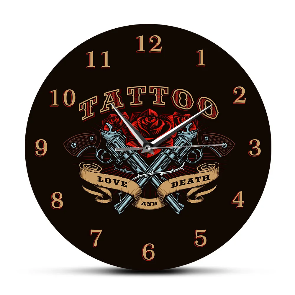 

Love And Death Retro Silent Non Ticking Wall Clock For Tattoo Studio Tattooing Artwork Decorative Wall Watch Tattooist Gift Idea