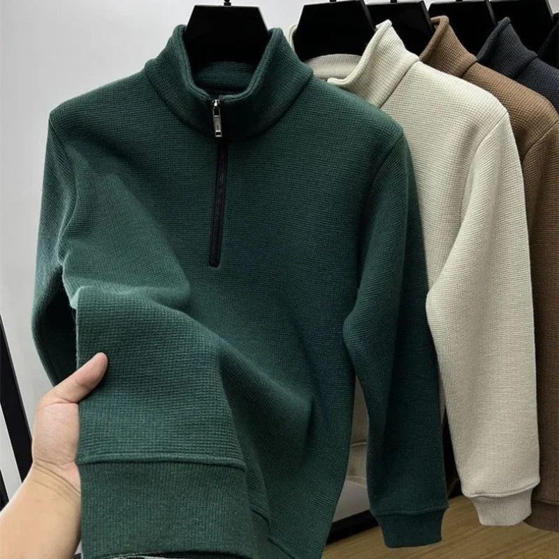 Men Clothing Mens Sweatshirt Stand Neck Half Zip Thicker  Cotton High-quality Hoodie Autumn Winter Basic Tops Pullover