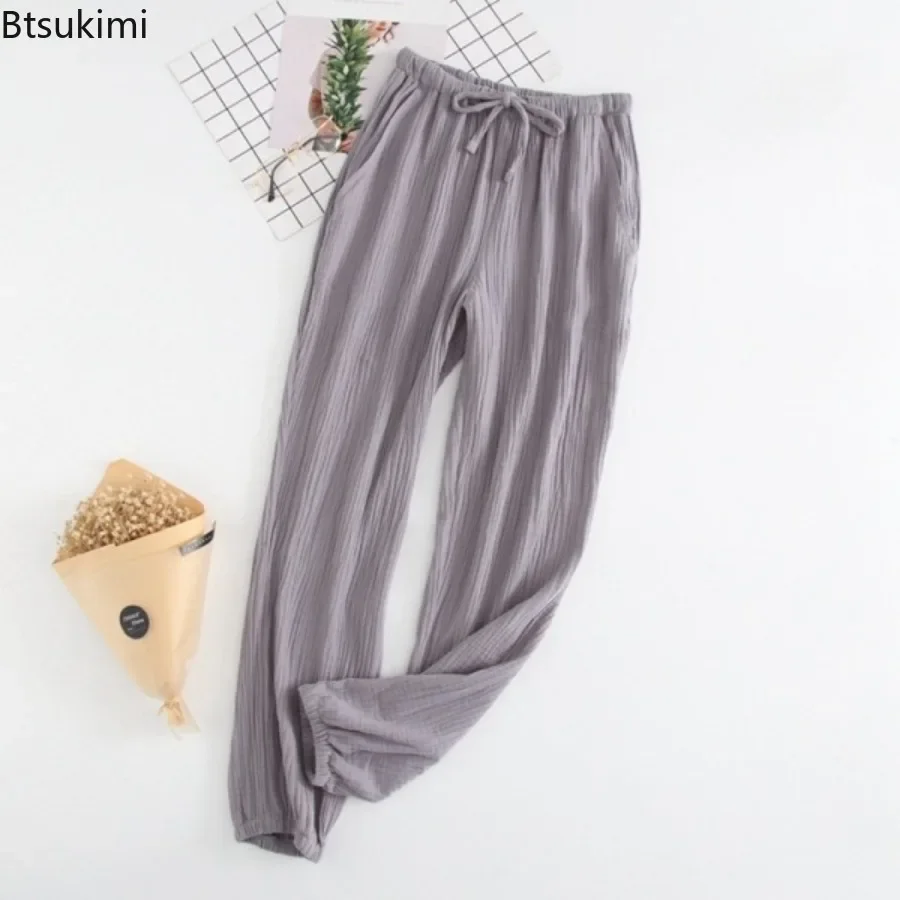 New 2024 Casual 100% Cotton Gauze Crepe Sleep Pants for Couple Lovers Loose Soft Sleep Bottoms Pants Pajama Long Womens Bottoms