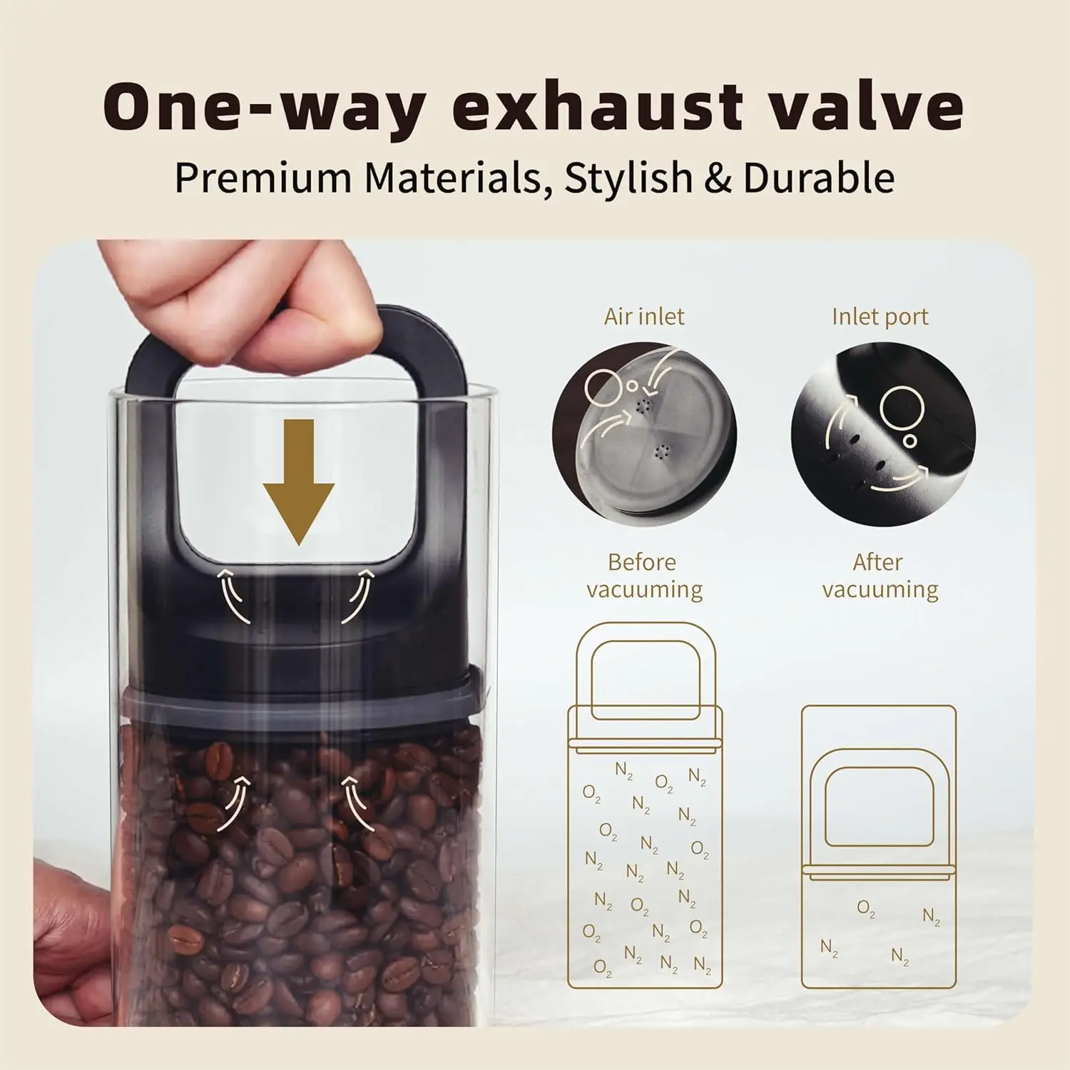

32oz Premium Coffee Storage Canister Vacuum Seal Borosilicate Glass Container Airtight Push Lid for Coffee Beans